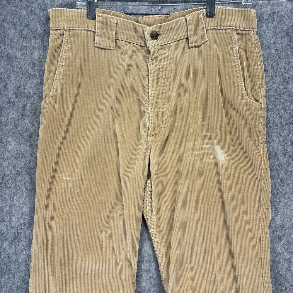 Vintage 1970s Levi's Corduroy Flare Pants 33x29 Tan Talon Zip USA Distressed